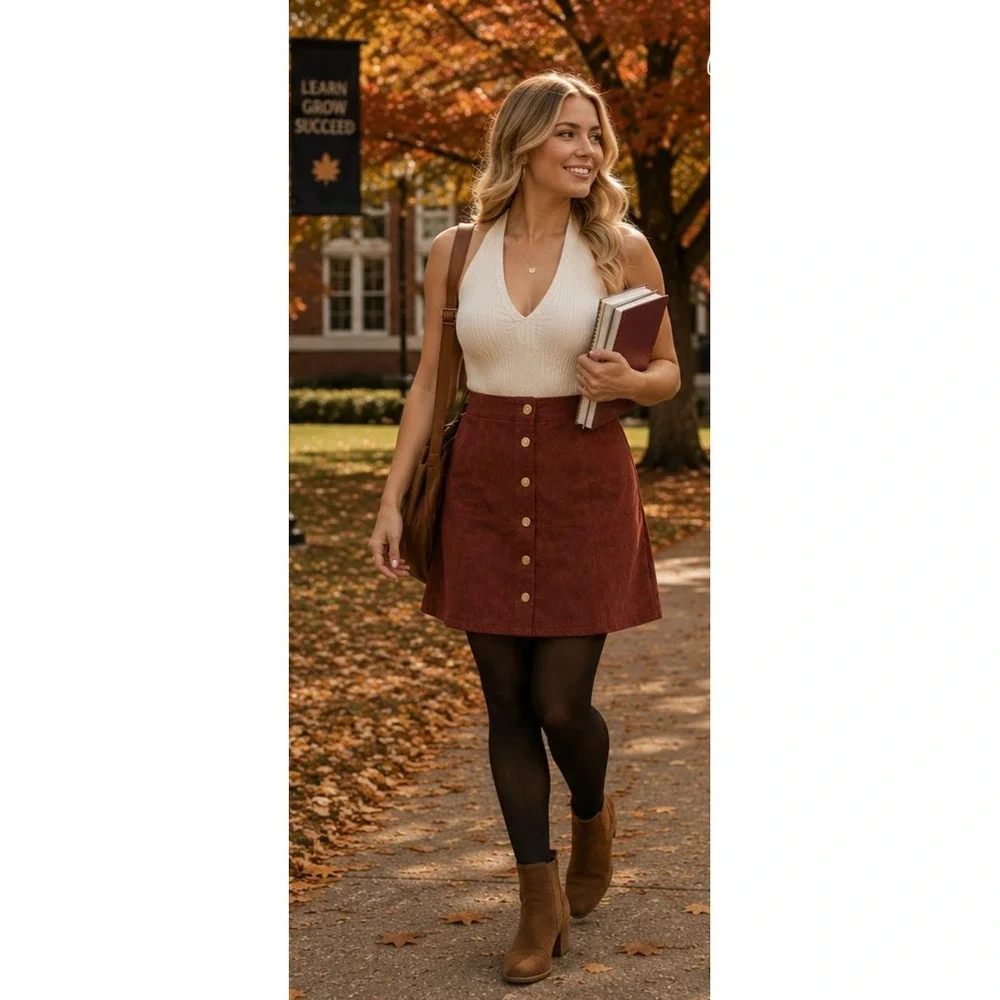 NWT Women's XL Burgundy Maroon A-Line Mini Skirt High Waist Gold Button Front
